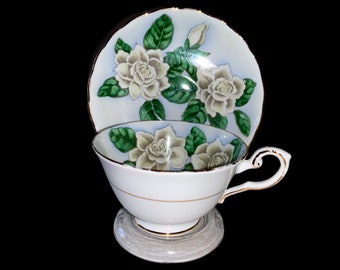 Taza de café espresso Demitasse con gardenia toscana y platillo de porcelana inglesa vintage