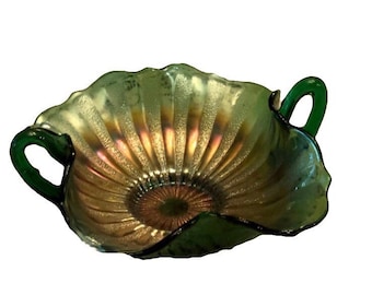Green Carnival Glass Bowl Trinket Dish Candy Bowl with Handles