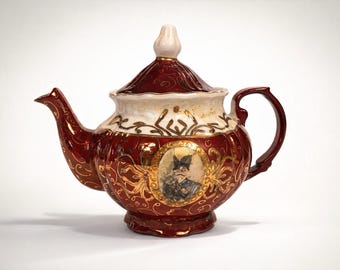 Vintage Porcelain Teapot ~ Red and White China Tea Pot for Collectors and Decor