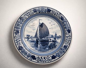 Antique Hand-Painted Blue Delft Plate: Vintage Dutch Porcelain Art Piece for Home Decor