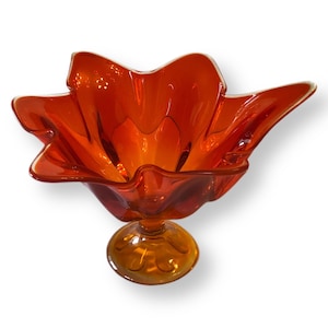 Viking Glass 6 Petal Footed Bowl Amberina Orange Glass Swung Vase Handkerchief Vase Midcentury Decor