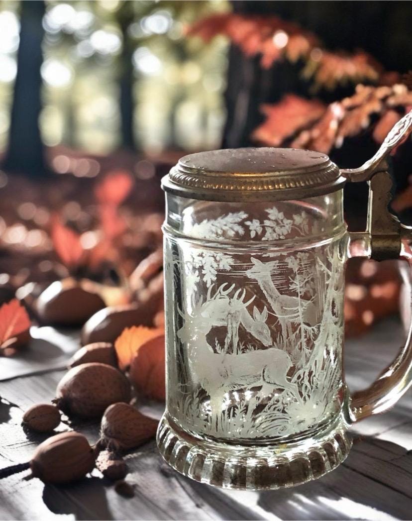 Vintage German Beer Stein ~ Etched Stag Glass With Pewter Lid - Etsy