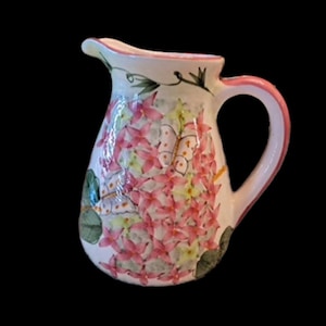 Hand Painted Pitcher Ceramic Jug Floral Vase Shabby Chic Decor Vintage Decor Cottage Core Pink White