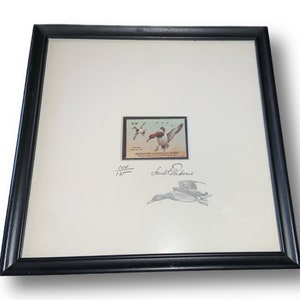 Selo de pato emoldurado Louis Frisino, 1977, assinado à mão pelo artista com Remarque, edição limitada, numerada 104/125