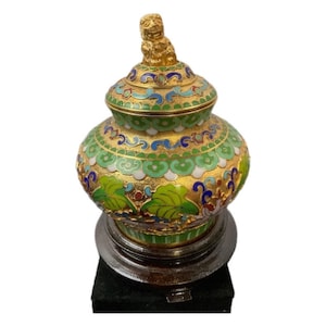 Chinese Cloisonné Ginger Jar Urn w/ Lid and Stand Vintage Antique