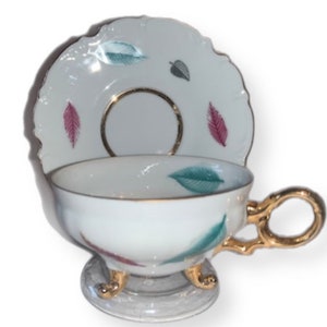 Ucagco Ceramics Footed Tea Cup & Saucer Leaves/White Japan