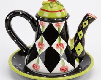 Vintage Joyce Shelton Tea Party Teapot & Cake Plate ~ Roses Harlequin ~ Whimsical Ceramic