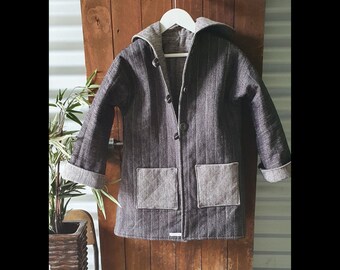 Padded and Quilted Hooded Reversible Hip Length Jacket Boy or Girl Strong & Warm Fabric, Size 5-6 years. Winter Brown and Grey Fabric