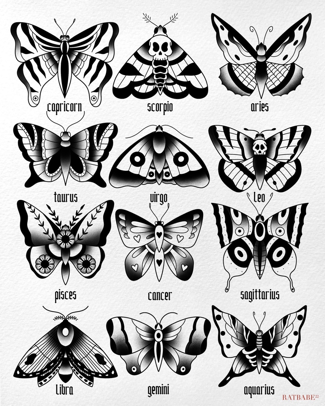American Traditional Zodiac Sign Butterflies and Moths Etsy