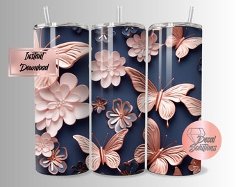 3D 20oz Tumbler wrap PNG, sublimation , Boho, Butterflies, layered picture seamless, rose gold
