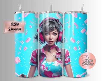 3D 20oz Tumbler wrap PNG, sublimation, gamer girl, layered picture seamless. aqua , pink , cute