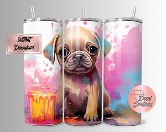 3D 20oz Tumbler wrap Sublimation PNG , Cute pug dog, pastel, paint orange,  layered picture seamless, water colour