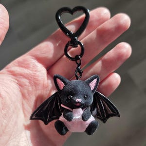May include: A black bat keychain with pink accents. The plush bat has black wings, pink ears, and a pink belly. The keychain has a black heart-shaped clasp.