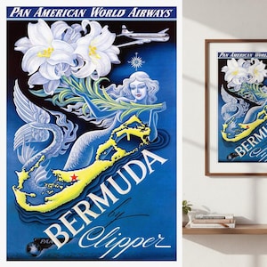 May include: A vintage travel poster for Pan American World Airways. It features a mermaid holding flowers, with the text "BERMUDA by Clipper." The poster has a blue background, a yellow map of Bermuda, and a vintage airplane.