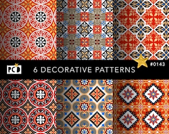 Medieval Tile Patterns | Red Black Iznik Digital Paper | Ornamental Endpapers | Dollhouse Flooring | Commercial POD Asset | Antique