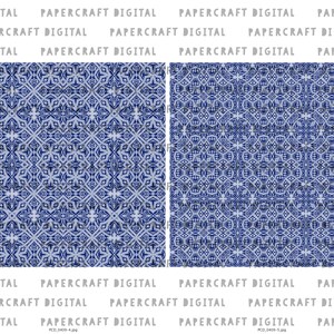 Może przedstawiać: Wz&oacute;r papieru cyfrowego bez szw&oacute;w z geometrycznym wzorem w kolorze niebieskim i białym. Wz&oacute;r składa się z powtarzających się kwadrat&oacute;w i gwiazd.