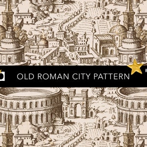 Puede incluir: Una ilustración en blanco y negro de una antigua ciudad romana con edificios, caminos y un gran anfiteatro. La imagen es un patrón sin costuras que se puede utilizar para varios proyectos de diseño.
