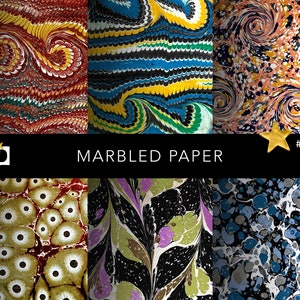 May include: A collage of six different marbled paper designs. The designs feature swirls of blue, green, red, yellow, black, and white. The text "MARBLED PAPER" is in the center of the image. The number "#0015" is in the top right corner of the image.