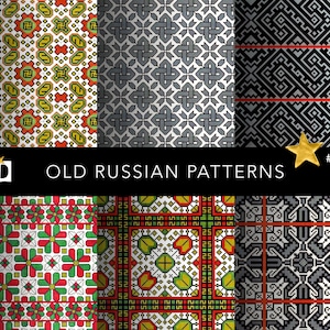 May include: A set of six digital seamless patterns featuring traditional Russian folk designs. The patterns are in black, white, red, green, and yellow. The patterns are perfect for use in crafts, home decor, and fashion.