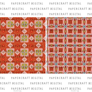 K&ouml;nnte beinhalten: Zwei digitale Papiermuster mit einem geometrischen Design in Rot, Gold und Blau. Die Muster sind nahtlos und k&ouml;nnen f&uuml;r eine Vielzahl von Bastelprojekten verwendet werden.