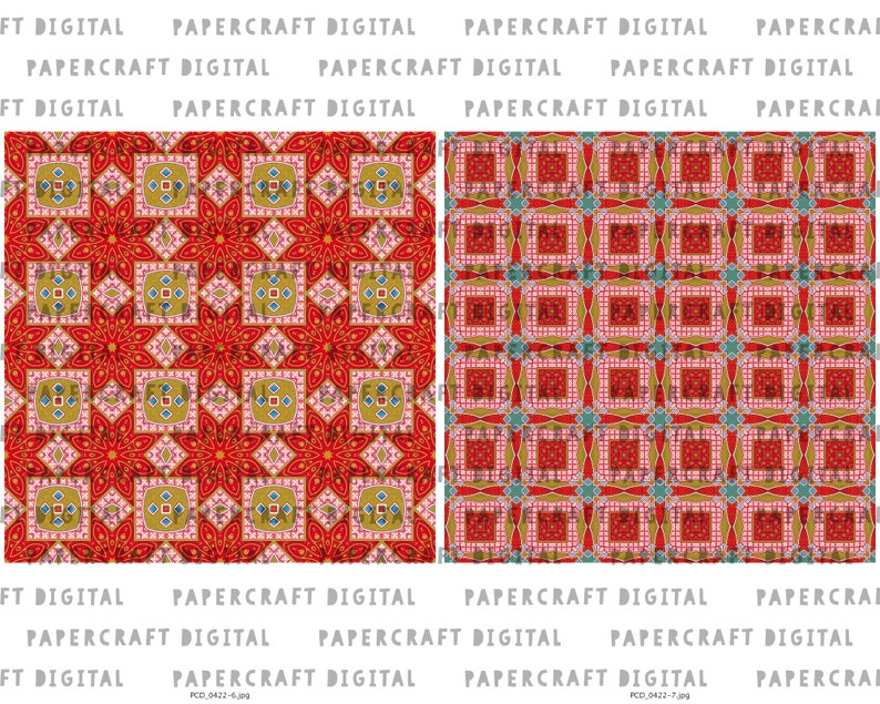 K&ouml;nnte beinhalten: Zwei digitale Papiermuster mit einem geometrischen Design in Rot, Gold und Blau. Die Muster sind nahtlos und k&ouml;nnen f&uuml;r eine Vielzahl von Bastelprojekten verwendet werden.