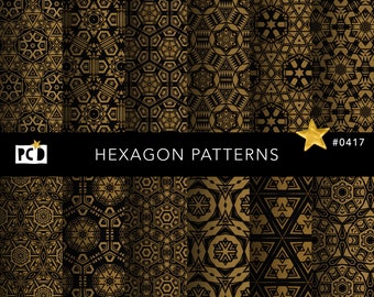 Papier géométrique hexagonal doré noir | Motif numérique 300 DPI | Papiers vintage et décoration de luxe