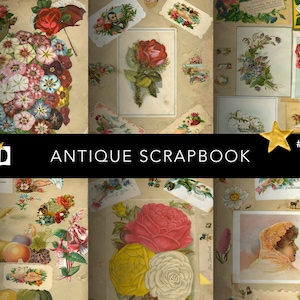 May include: Antique scrapbook with various paper ephemera, including floral illustrations, a book, and a woman's portrait. The scrapbook has a brown paper cover with the text "Antique Scrapbook" printed in black.