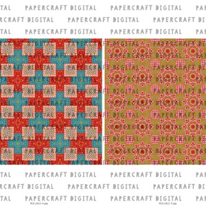 K&ouml;nnte beinhalten: Zwei digitale Papierbastelvorlagen mit komplizierten geometrischen Mustern. Das erste Design hat ein rotes, goldenes und blaues Farbschema. Das zweite Design hat ein goldenes, rosa und wei&szlig;es Farbschema. Beide Designs sind nahtlos und k&ouml;nnen f&uuml;r eine Vielzahl von Bastelprojekten verwendet werden.