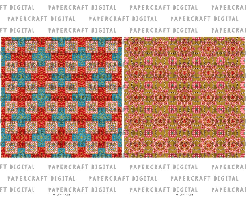 K&ouml;nnte beinhalten: Zwei digitale Papierbastelvorlagen mit komplizierten geometrischen Mustern. Das erste Design hat ein rotes, goldenes und blaues Farbschema. Das zweite Design hat ein goldenes, rosa und wei&szlig;es Farbschema. Beide Designs sind nahtlos und k&ouml;nnen f&uuml;r eine Vielzahl von Bastelprojekten verwendet werden.