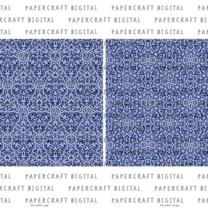 Może przedstawiać: Cyfrowy papier z bezszwowym wzorem w kolorze niebieskim i białym o skomplikowanym wzorze. Wz&oacute;r składa się z powtarzających się geometrycznych kształt&oacute;w i motyw&oacute;w kwiatowych. Projekt przypomina tradycyjną sztukę islamską.