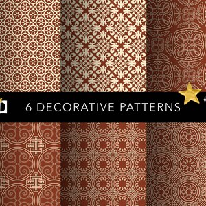 May include: Six decorative patterns featuring intricate geometric designs in shades of brown and cream. The patterns are seamless and can be used for a variety of purposes, such as wallpaper, fabric, or packaging.