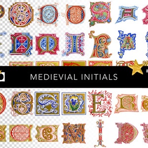 Oude middeleeuwse verlichte initialen | Middeleeuws alfabet | Decoratief lettertype | Digitaal transparant PNG-pakket