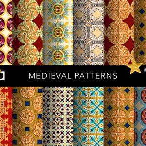May include: Set of eight medieval style seamless patterns in red, gold, blue, and white. The patterns feature geometric shapes, floral motifs, and intricate details.  #0377