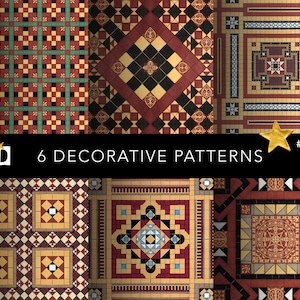 以下が含まれることがあります： 6つの装飾パターンが表示され、それぞれがユニークな幾何学模様を示しています。パターンは、赤、金、黒、緑などの色を使用し、複雑なタイル状の構成に配置されています。画像には「6 Decorative Patterns」というテキストが含まれています。