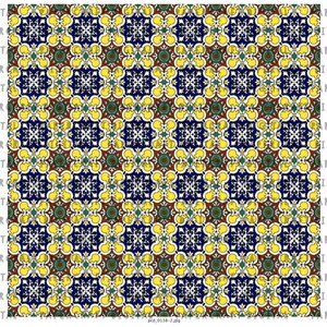 Puede incluir: Un patr&oacute;n sin costuras de formas geom&eacute;tricas repetidas en tonos de amarillo, azul, verde, blanco y marr&oacute;n. El patr&oacute;n recuerda los dise&ntilde;os tradicionales de azulejos espa&ntilde;oles o mexicanos.