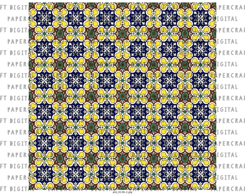 Puede incluir: Un patr&oacute;n sin costuras de formas geom&eacute;tricas repetidas en tonos de amarillo, azul, verde, blanco y marr&oacute;n. El patr&oacute;n recuerda los dise&ntilde;os tradicionales de azulejos espa&ntilde;oles o mexicanos.