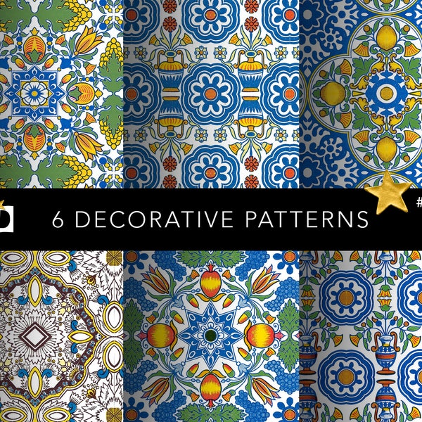 Majolica Tile Digital Paper Pack | Lemon Pomegranate Seamless Pattern | Mediterranean Floral Scrapbook Print | Italian Faience Design