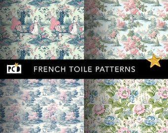 French Toile Seamless Paper Pack | Vintage Chintz 300 DPI Tiling File | Endpapers & Decoupage Sheets