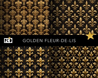 Golden Fleur-de-Lis Seamless Patterns | High Res Luxury Digital Paper | 300 DPI Endpapers | Commercial Use Instant Download