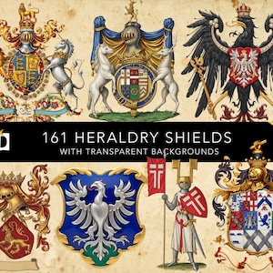 May include: A collection of 161 heraldry shields with transparent backgrounds. The image features various coat of arms designs, including lions, eagles, unicorns, and knights, with intricate details and vibrant colors. The text "161 HERALDRY SHIELDS WITH TRANSPARENT BACKGROUNDS" is displayed.