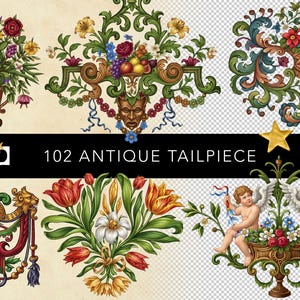 May include: A collection of antique tailpiece illustrations featuring ornate floral arrangements, cherubs, and decorative elements. The designs include baskets of flowers, detailed scrollwork, and a variety of colors, including red, yellow, and green. The text "102 ANTIQUE TAILPIECE" is displayed.