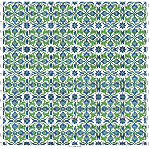 May include: A seamless pattern featuring a repeating design of blue and green floral motifs on a white background. The pattern is reminiscent of traditional Turkish or Moroccan tilework.