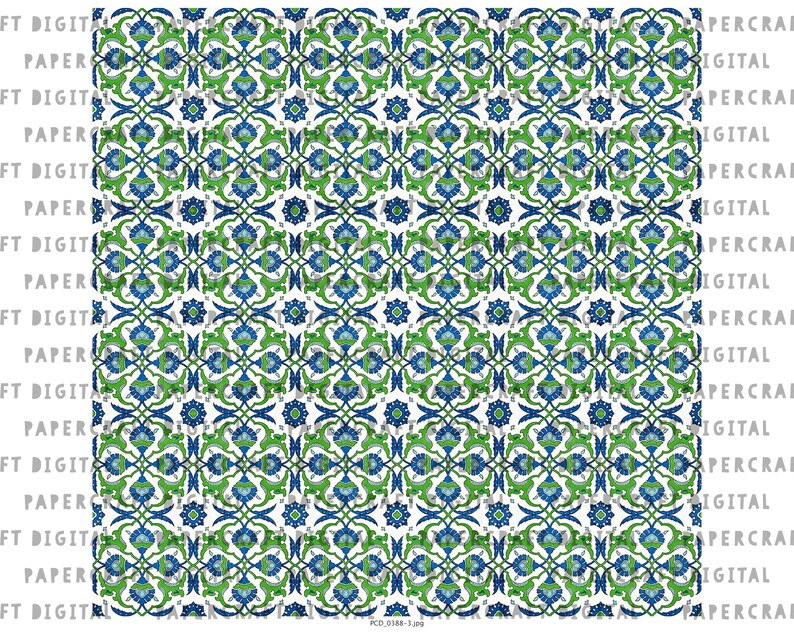May include: A seamless pattern featuring a repeating design of blue and green floral motifs on a white background. The pattern is reminiscent of traditional Turkish or Moroccan tilework.