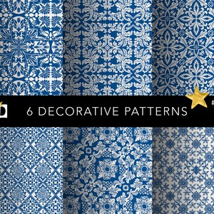 May include: Six decorative patterns in blue and white. The patterns are intricate and feature floral and geometric designs. The patterns are labelled "6 Decorative Patterns" and "#0097".