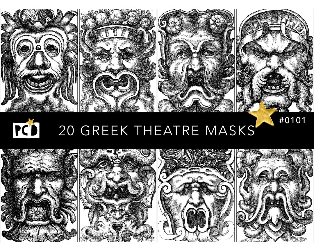 20 Greek Theatre Masks Clipart PNG | Ancient Engraving Illustrations ...
