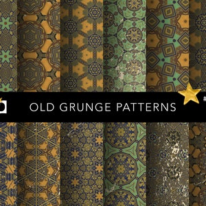 Puede incluir: Conjunto de ocho patrones vintage grunge con intrincados diseños geométricos en tonos marrones, verdes y azules. Los patrones tienen un aspecto desgastado y envejecido, lo que les da un aspecto único y rústico.