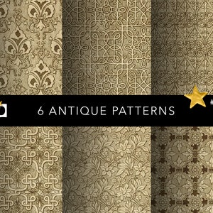 May include: Six antique patterns in brown and beige colors. The patterns are geometric and floral. The patterns are arranged in a grid of six squares. The text "6 ANTIQUE PATTERNS" is in the center of the image. The text "#0308" is in the upper right corner of the image.