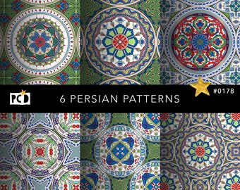 May include: Six colorful Persian-style patterns with intricate details, featuring a repeating design of floral motifs and geometric shapes. The patterns are in shades of blue, green, red, and white.