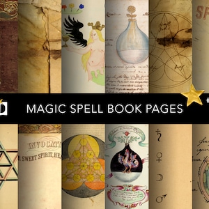 May include: A collage of vintage book pages with illustrations and text related to magic and spells. The pages feature various symbols, diagrams, and handwritten text, including the words "SPELL" and "INVOCATI".