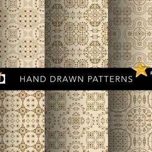 May include: Three seamless patterns featuring intricate geometric designs in brown on a beige background. The patterns are labeled "HAND DRAWN PATTERNS" and "#0341".